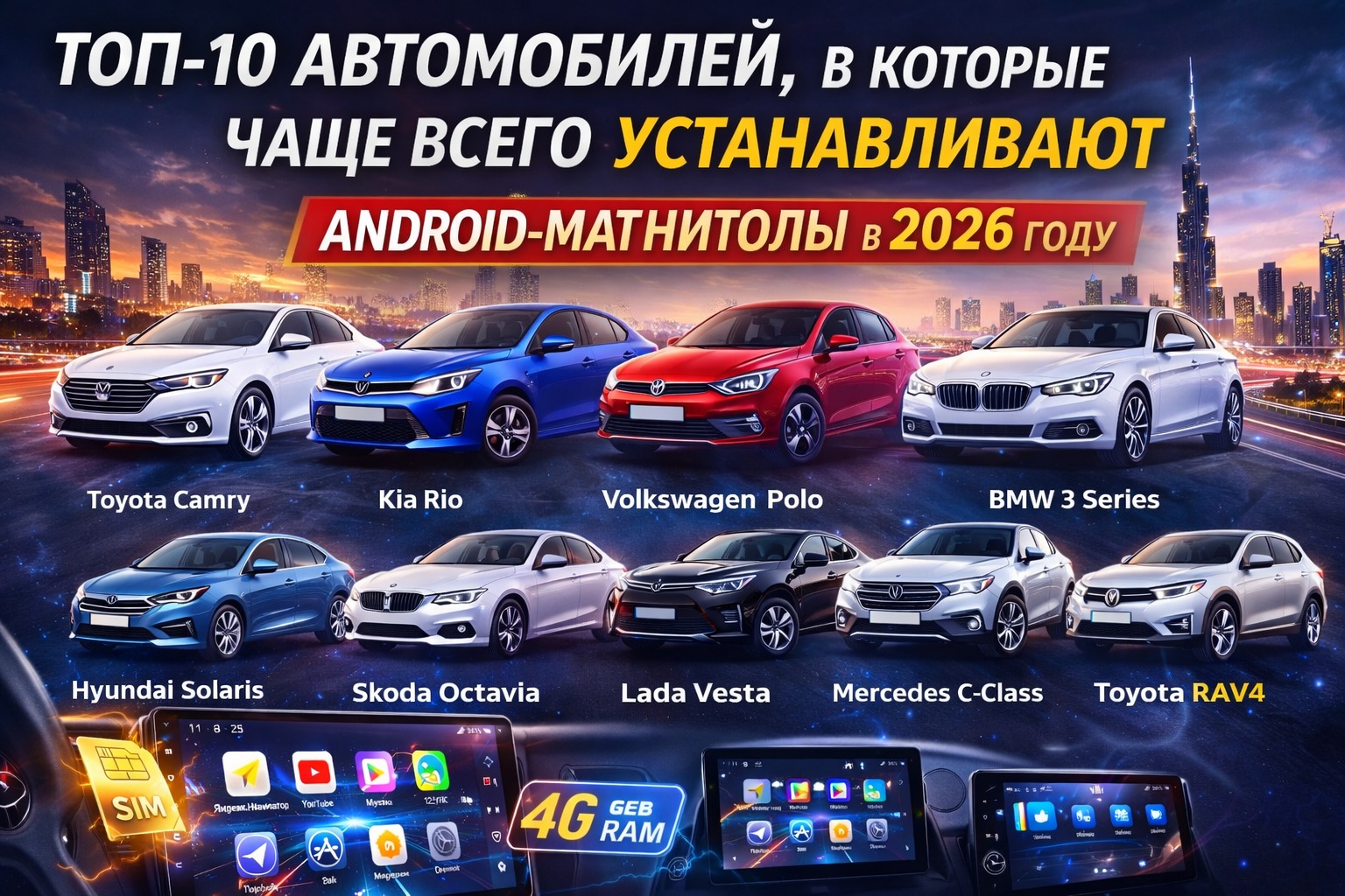 ТОП-10 автомобилей, в которые чаще всего устанавливают Android-магнитолы в 2026 году