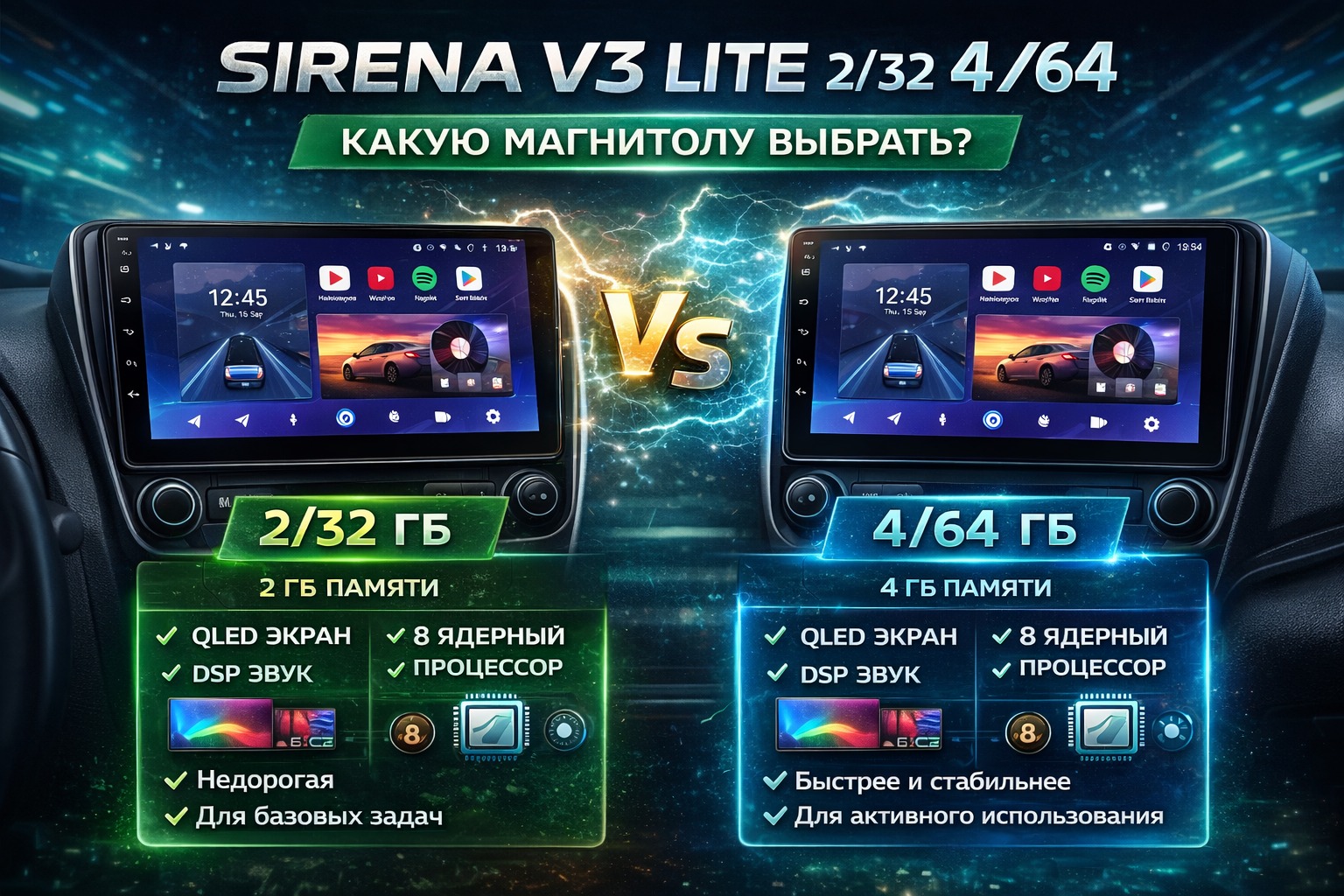 Sirena V3 Lite 2/32 vs 4/64 — какую Android магнитолу выбрать